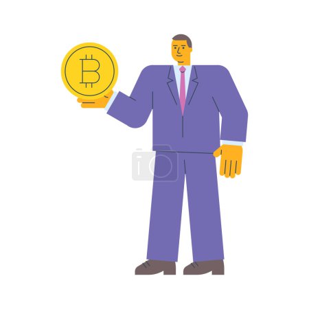 Téléchargez les illustrations : Homme d'affaires tenant pièce d'or avec Bitcoin signe et sourit. Illustration vectorielle - en licence libre de droit