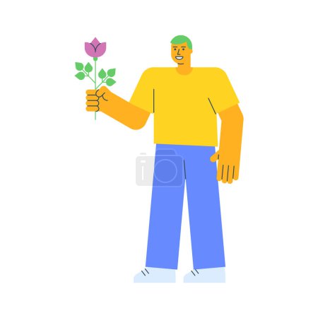 Téléchargez les illustrations : Un jeune homme tenant des fleurs et souriant. Illustration vectorielle - en licence libre de droit