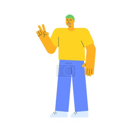 Téléchargez les illustrations : Jeune homme montre deux doigts geste et sourire. Illustration vectorielle - en licence libre de droit