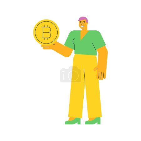 Ilustración de Mujer joven sosteniendo moneda con signo de bitcoin y sonriendo. Ilustración vectorial - Imagen libre de derechos