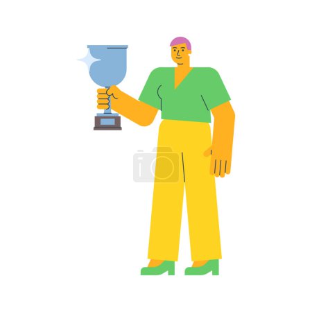 Illustration for Young woman holding silver cup and smiling. Vector Illustration - Royalty Free Image