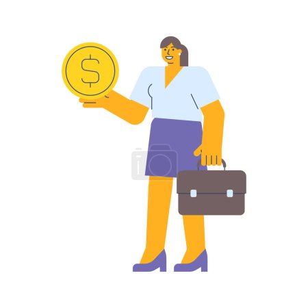 Téléchargez les illustrations : Femme d'affaires tenant pièce avec signe dollar et valise. Illustration vectorielle - en licence libre de droit