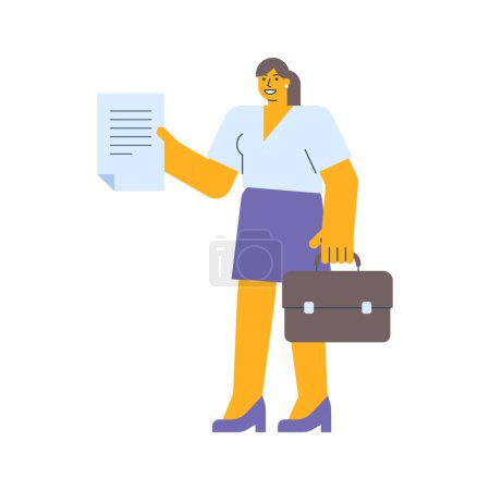 Téléchargez les illustrations : Femme d'affaires tenant un document et tenant une valise. Illustration vectorielle - en licence libre de droit
