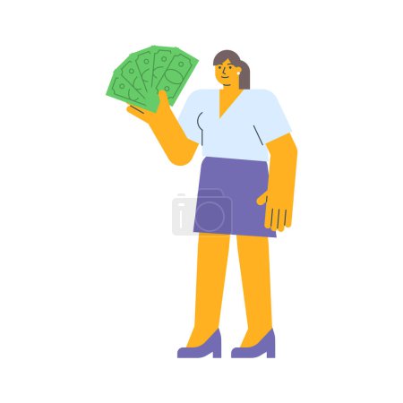 Illustration for Businesswoman holding five bills and smiling. Vector Illustration - Royalty Free Image