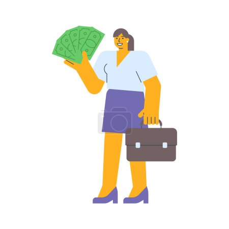 Illustration for Businesswoman holding five bills and holding suitcase. Vector Illustration - Royalty Free Image