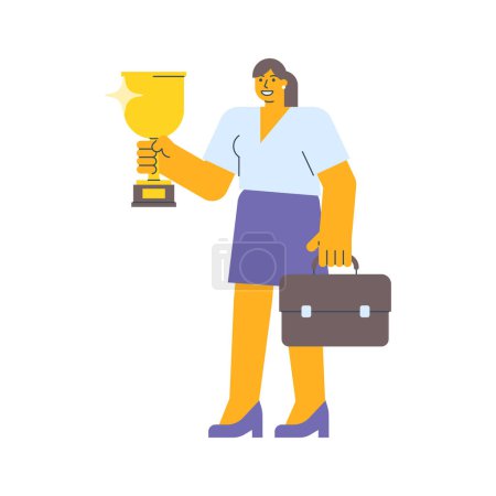 Téléchargez les illustrations : Femme d'affaires tenant une tasse dorée et tenant une valise. Illustration vectorielle - en licence libre de droit