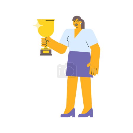Téléchargez les illustrations : Femme d'affaires tenant tasse d'or et souriant. Illustration vectorielle - en licence libre de droit