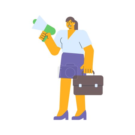 Téléchargez les illustrations : Femme d'affaires tenant un mégaphone et tenant une valise. Illustration vectorielle - en licence libre de droit