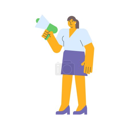 Téléchargez les illustrations : Femme d'affaires tenant un mégaphone et souriant. Illustration vectorielle - en licence libre de droit