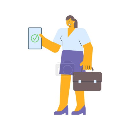 Téléchargez les illustrations : Femme d'affaires tenant le comprimé et tenant la valise. Illustration vectorielle - en licence libre de droit