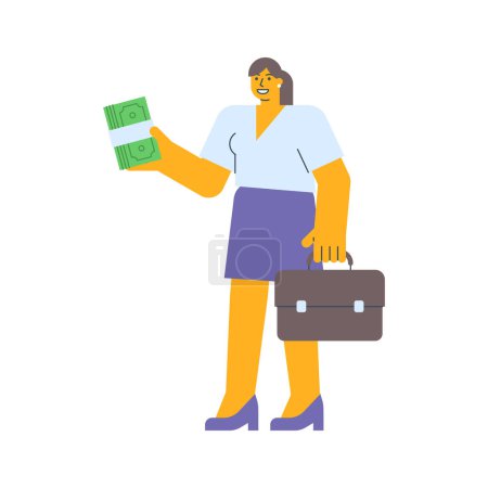 Téléchargez les illustrations : Femme d'affaires tenant de l'argent et tenant une valise. Illustration vectorielle - en licence libre de droit