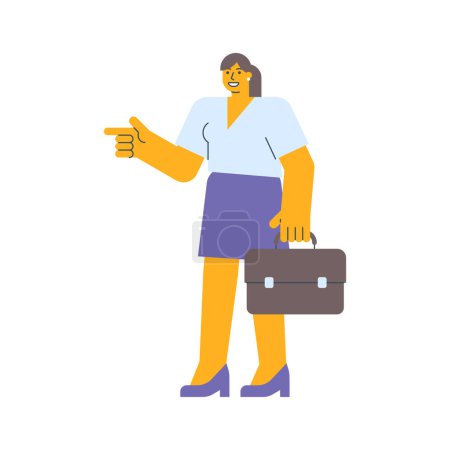 Téléchargez les illustrations : Femme d'affaires pointe du doigt et tenant une valise. Illustration vectorielle - en licence libre de droit