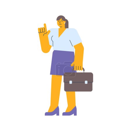 Businesswoman points finger up and holding suitcase. Vector Illustration