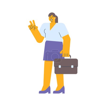 Illustration for Businesswoman shows two fingers gesture and holding suitcase. Vector Illustration - Royalty Free Image