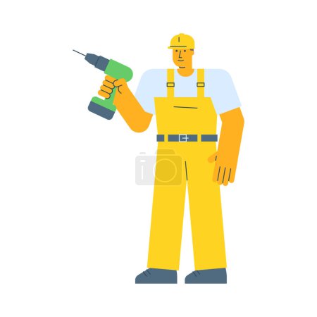 Illustration for Builder electric screwdriver and smiling. Vector Illustration - Royalty Free Image