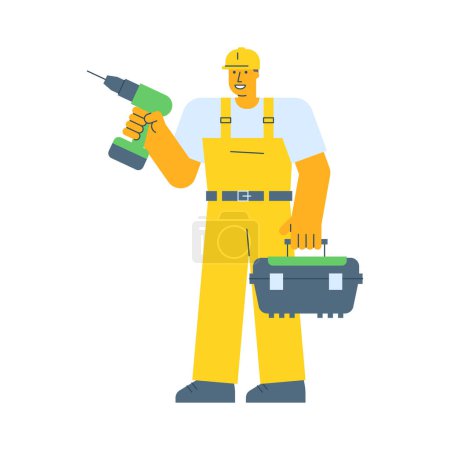 Illustration for Builder electric screwdriver and holding suitcase. Vector Illustration - Royalty Free Image