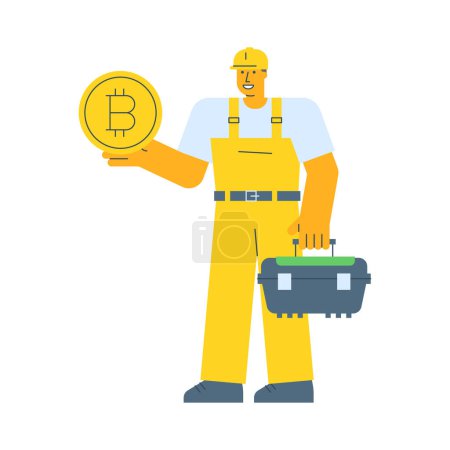 Illustration for Builder holding coin with bitcoin sign and holding suitcase. Vector Illustration - Royalty Free Image