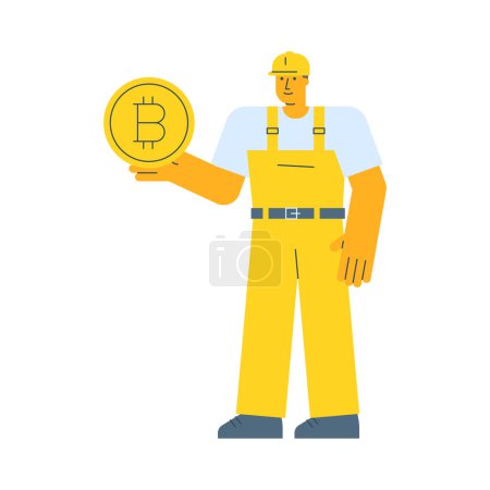 Téléchargez les illustrations : Builder tenant pièce de monnaie avec signe Bitcoin et souriant. Illustration vectorielle - en licence libre de droit