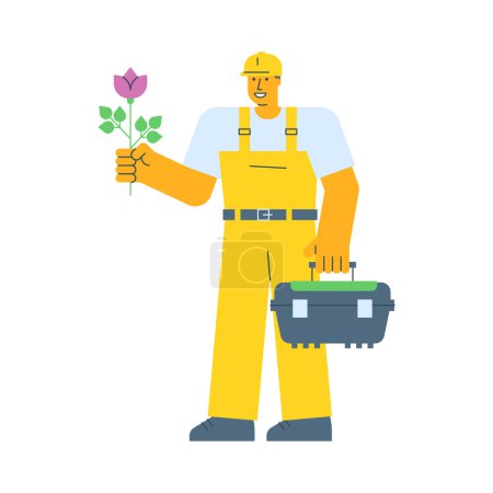 Illustration for Builder holding flower and holding suitcase. Vector Illustration - Royalty Free Image