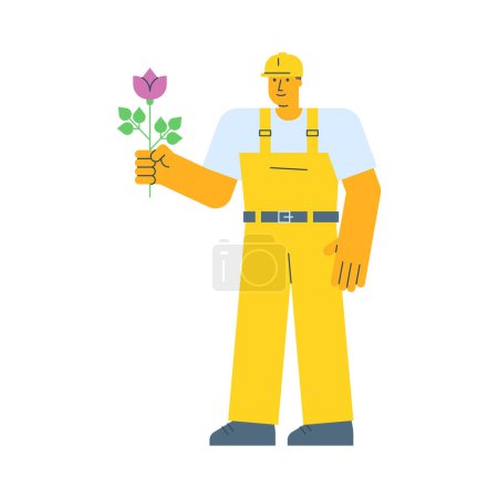 Téléchargez les illustrations : Bâtisseur tenant fleur et souriant. Illustration vectorielle - en licence libre de droit