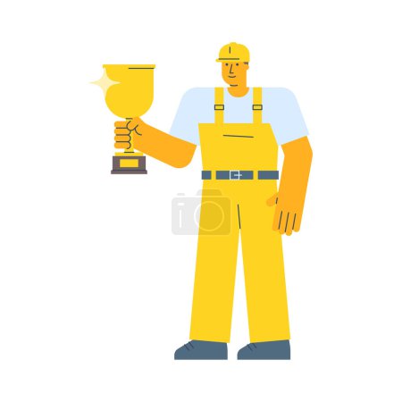 Téléchargez les illustrations : Bâtisseur tenant tasse dorée et souriant. Illustration vectorielle - en licence libre de droit
