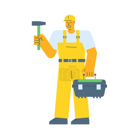 Illustration for Builder holding hammer and holding suitcase. Vector Illustration - Royalty Free Image