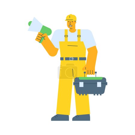 Illustration for Builder holding megaphone and holding suitcase. Vector Illustration - Royalty Free Image