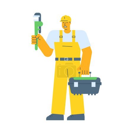 Téléchargez les illustrations : Bâtisseur tenant la clé de tuyau et la valise de maintien. Illustration vectorielle - en licence libre de droit