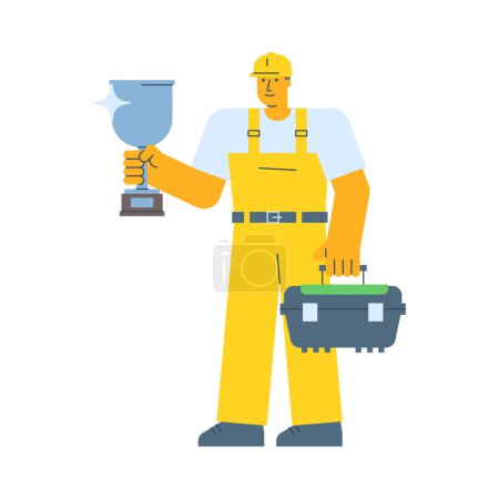 Illustration for Builder holding silver cup and holding suitcase. Vector Illustration - Royalty Free Image