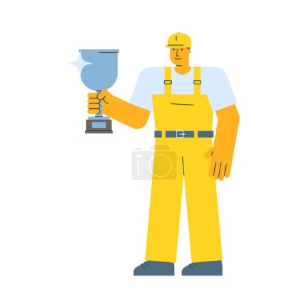 Illustration for Builder holding silver cup and smiling. Vector Illustration - Royalty Free Image