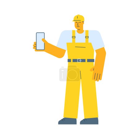 Illustration for Builder holding smartphone and smiling. Vector Illustration - Royalty Free Image