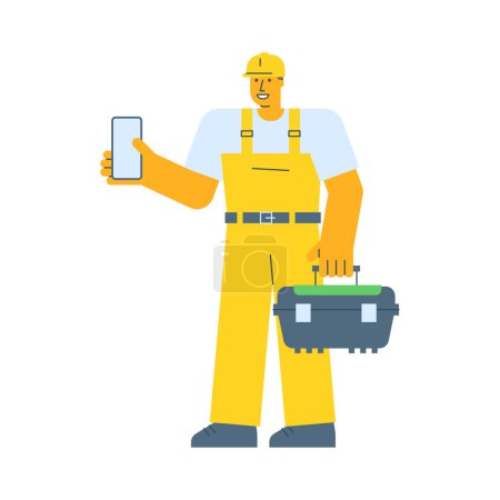 Illustration for Builder holding smartphone and holding suitcase. Vector Illustration - Royalty Free Image