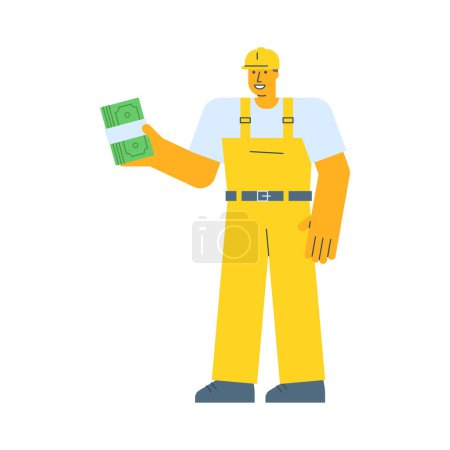 Illustration for Builder holding wad money and smiling. Vector Illustration - Royalty Free Image