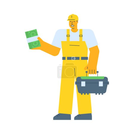 Illustration for Builder holding wad money and holding suitcase. Vector Illustration - Royalty Free Image
