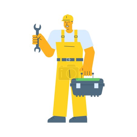 Illustration for Builder holding wrench and holding suitcase. Vector Illustration - Royalty Free Image