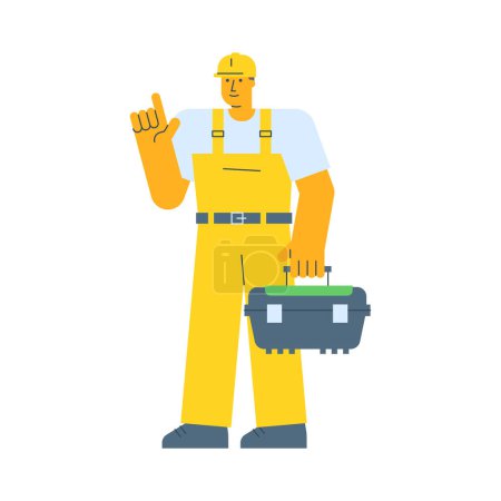 Illustration for Builder points finger up and holding suitcase. Vector Illustration - Royalty Free Image