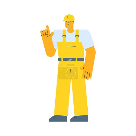 Téléchargez les illustrations : Builder pointe du doigt et sourit. Illustration vectorielle - en licence libre de droit