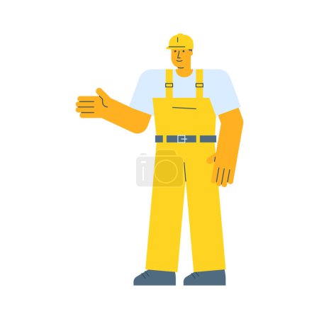 Téléchargez les illustrations : Builder pointe la main et sourit. Illustration vectorielle - en licence libre de droit