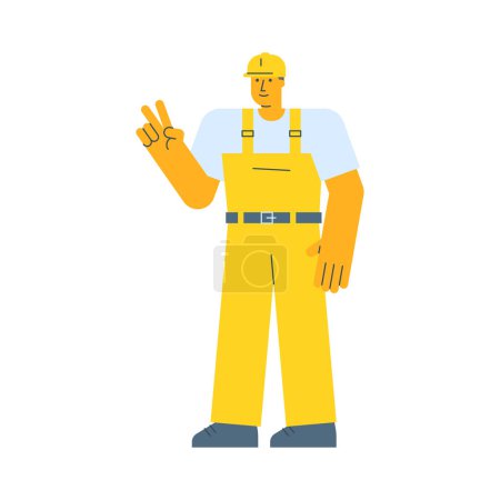 Illustration for Builder shows two fingers gesture and smiling. Vector Illustration - Royalty Free Image