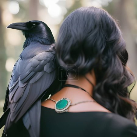 Illustration for Beautiful girl with a black raven in the forest. Close-up. - Royalty Free Image