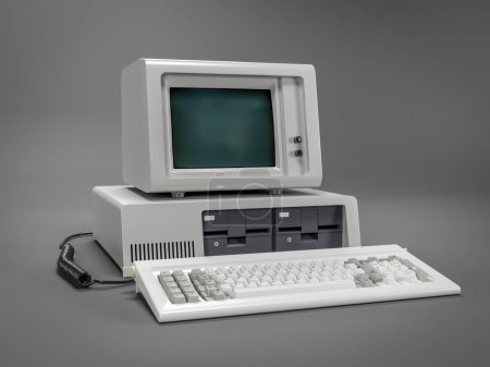 Téléchargez les photos : Rendu 3d de l'ordinateur personnel vintage avec moniteur sur fond gris - en image libre de droit