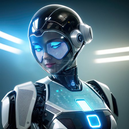Ilustración 3D en robot androide sensible parecido a una mujer