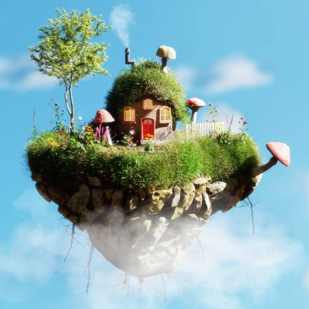 3d rendering of fantasy little rocky planet with cosy cottage floating in the sky