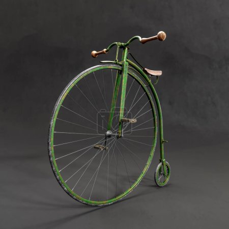 3D-Rendering eines Retro-Penny-Fahrrads vor schwarzem Hintergrund