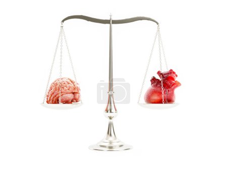 3D-Darstellung der Metallschwenkwaage mit menschlichem Gehirn und menschlichem Herzen auf gegenüberliegendem Skalenboden auf weißem Hintergrund