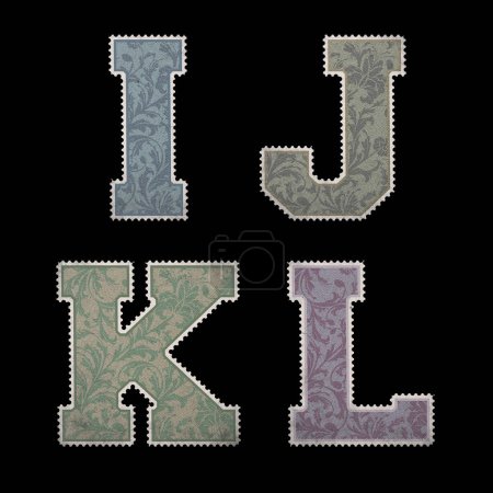 Téléchargez les photos : Alphabet de style timbre postal vintage avec ensemble de lettres majuscules et chiffres - lettre I-L - en image libre de droit