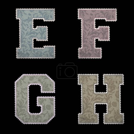 Téléchargez les photos : Alphabet de style timbre postal vintage avec ensemble de lettres majuscules et chiffres - lettre E-H - en image libre de droit