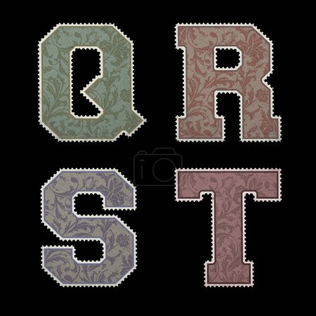 Téléchargez les photos : Alphabet de style timbre postal vintage avec ensemble de lettres majuscules et chiffres - lettre Q-T - en image libre de droit