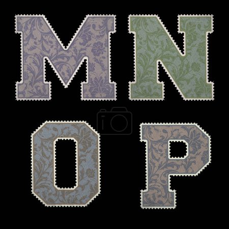 Téléchargez les photos : Alphabet de style timbre postal vintage avec ensemble de lettres majuscules et chiffres - lettre M-P - en image libre de droit
