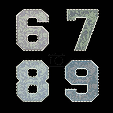 Foto de Alfabeto estilo sello postal vintage con juego de letras mayúsculas y dígitos - dígitos 6-9 - Imagen libre de derechos